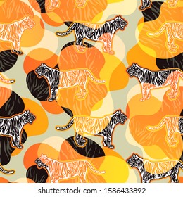 Bengal tigers vintage decorative seamless pattern. Exotic wild cats and colorful curvy shapes hand drawn vector illustration. Tropical wildlife, jungle fauna drawing. Creative retro style backdrop