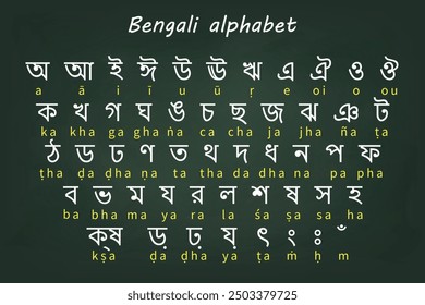 Bengali alphabet chart featuring characters and English transliteration, set against a green background
