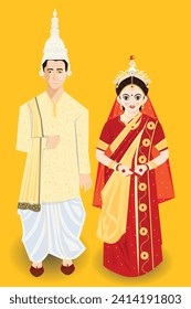 Bengalíes: Retrato vectorial de novia india tradicional y novio en espléndida vestimenta matrimonial