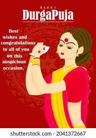 Bengali bride playing conch. happy Durga puja vector illustration.