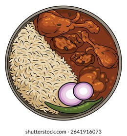 Bengali Chicken Curry with rice, onion , green chili hand drawing illustration, digital illustration