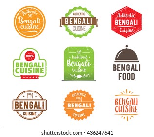 Bengali cuisine, authentic traditional bengali food typographic design set. Vector logo, label, tag or badge for restaurant and menu. Bengali cuisine isolated.
