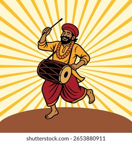 Bengali Dhol Player Dancing with Joy in Traditional Festival Vector Illustration