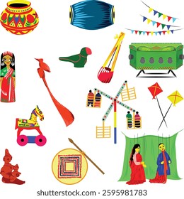 Bengali Folk Art and Culture Icons. Colorful vector of Bangla New Year celebration with traditional Bengali folk elements including dolls, kites, drums, masks, puppets, and festive decorations. 