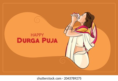 bengali lady blowing conch during durga puja vector design