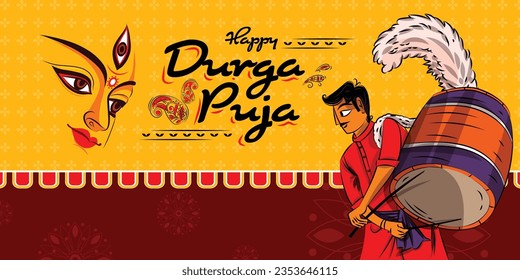 bengalí jugando Dhak (dhol) en un Pandal Durga Puja HAPPU DURGA PUJA