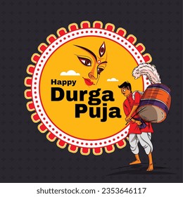 bengali man playing Dhak (dhol) at a Durga Puja Pandal HAPPU DURGA PUJA
