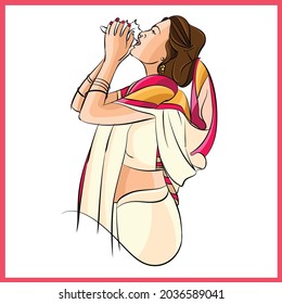 bengali woman conch blowing color illustration for festival