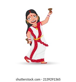 Bengali Woman Doing Dhunuchi Dance In Traditional Attire On White Background.