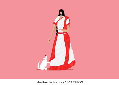 A Bengali Woman with her Pet dog. Indian lady flat vector illustration