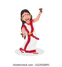 Bengali Woman Performing Dhunuchi Dance In Traditional Attire On White Background.