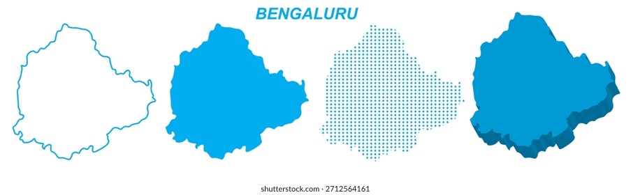 Conjunto de Vectores de mapa de Bengaluru, India Silueta de contorno Formas macizas 3D punteadas, Plantilla de infografía de la ciudad de Bengaluru, EPS editable Geografía de Bengaluru