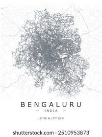 Bengaluru vector print map. Detailed map of Bengaluru in India. Best free vector illustration. Tourist decorative minimalist street map.