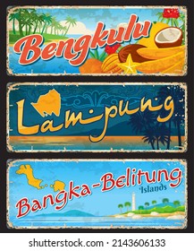 Bengkulu, Lampung and Bangka-Belitung indonesian travel plates and stickers. Asian journey grunge postcard, Indonesia province travel vector vintage tin sign with tropical fruits, seacoast landscape