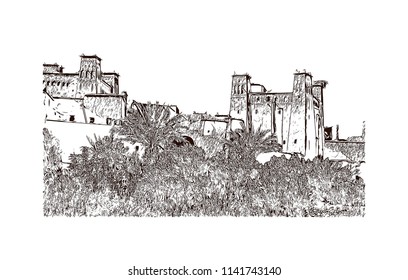 Aït Benhaddou, Village in Morocco (Ait-Ben-Haddou). Hand drawn sketch illustration in vector.