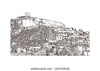 Aït Benhaddou, Village in Morocco (Ait-Ben-Haddou). Hand drawn sketch illustration in vector.