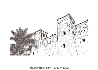 Aït Benhaddou, Village in Morocco (Ait-Ben-Haddou). Hand drawn sketch illustration in vector.