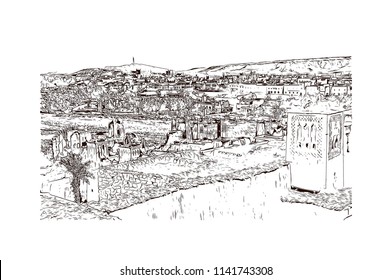 Aït Benhaddou, Village in Morocco (Ait-Ben-Haddou). Hand drawn sketch illustration in vector.