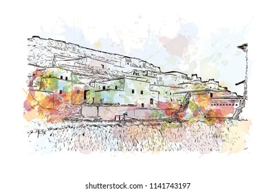 Aït Benhaddou, Village in Morocco (Ait-Ben-Haddou). Watercolor splash with Hand drawn sketch illustration in vector.