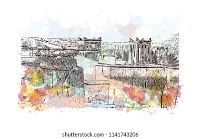 Aït Benhaddou, Village in Morocco (Ait-Ben-Haddou). Watercolor splash with Hand drawn sketch illustration in vector.