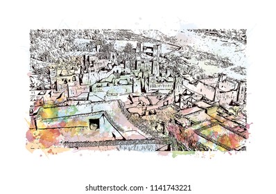 Aït Benhaddou, Village in Morocco (Ait-Ben-Haddou). Watercolor splash with Hand drawn sketch illustration in vector.