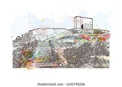 Aït Benhaddou, Village in Morocco (Ait-Ben-Haddou). Watercolor splash with Hand drawn sketch illustration in vector.