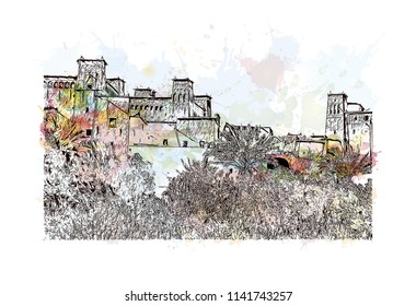 Aït Benhaddou, Village in Morocco (Ait-Ben-Haddou). Watercolor splash with Hand drawn sketch illustration in vector.