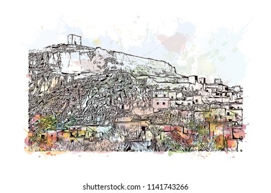 Aït Benhaddou, Village in Morocco (Ait-Ben-Haddou). Watercolor splash with Hand drawn sketch illustration in vector.