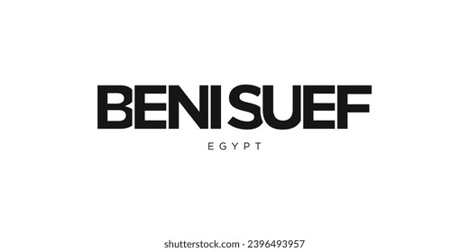 Beni Suef im ägyptischen Emblem für Druck und Web. Das Design zeichnet sich durch geometrischen Stil, Vektorgrafik mit gewagter Typografie in moderner Schrift aus. Grafische Slogan-Schrift einzeln auf weißem Hintergrund.