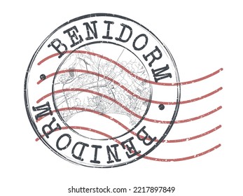 Benidorm, Alicante, Spain Stamp Map Postal. Silhouette Seal Roads and Streets. Passport Round Design. Vector Icon. Design Retro Travel National Symbol.