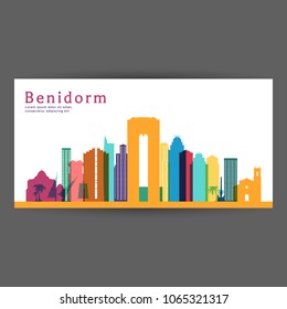 Benidorm colorful architecture vector illustration, skyline city silhouette, skyscraper, flat design.