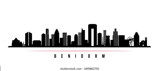 Benidorm skyline horizontal banner. Black and white silhouette of Benidorm, Spain. Vector template for your design. 