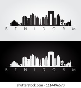 Benidorm skyline and landmarks silhouette, black and white design, vector illustration.