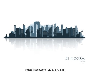 Benidorm skyline silhouette with reflection. Landscape Benidorm, Spain. Vector illustration.