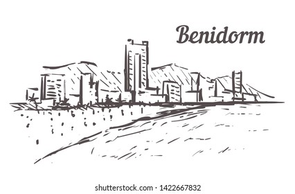 Benidorm skyline sketch. Benidorm, Spain  hand drawn illustration isolated on white background.