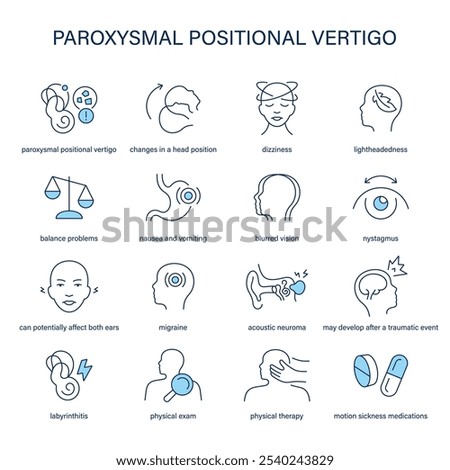 Benign Paroxysmal Positional Vertigo symptoms, diagnostic and treatment vector icon set. Medical icons.