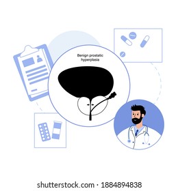Logo benigno de hiperplasia prostática para clínica. Dolor en el concepto del sistema reproductivo masculino. El médico consulta, establece el tratamiento y la medicina. Glándula de próstata y anatomía de vejiga. Ilustración vectorial plana BPH.