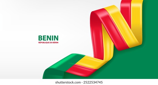 Bandeira da fita 3D do Benim. Bandeira 3D ondulada em cores da bandeira nacional do Benim. Plano de fundo da bandeira nacional.