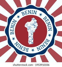 Benin Badge. Round logo of country with triangular mesh map and radial rays. EPS10 Vector.