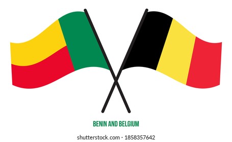 Benin and Belgium Flags Crossed And Waving Flat Style. Official Proportion. Correct Colors.