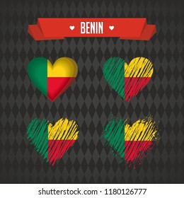Benin. Collection of four vector hearts with flag. Heart silhouette