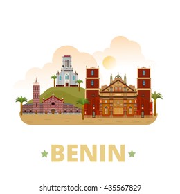 Benin country design template. Flat cartoon style historic sight showplace web site vector illustration. World travel sightseeing Africa African collection. Mosque Basilica Ouidah Cotonou Cathedral.
