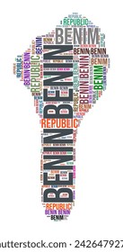Benin country shape word cloud. Typography style country illustration. Benin image in text cloud style. Vector illustration.