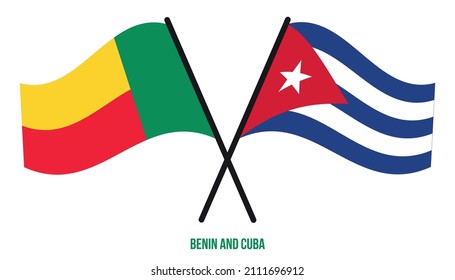 Banderas de Benín y Cuba Cruzadas y ondeando estilo plano. Proporción oficial. Colores correctos.