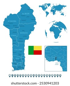 Benin - detaillierte blaue Landkarte mit Städten, Regionen, Lage auf der Weltkarte und Globus. Infografik-Symbole. Vektorgrafik