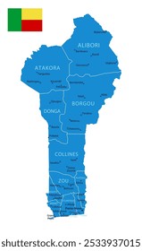 Benin - detailed blue country map with cities, regions. Vector illustration