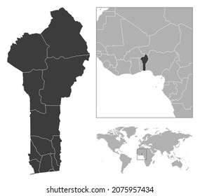 Benin - detailed country outline and location on world map. Vector illustration