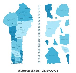 Benin - detailed map of the country in blue colors, divided into regions. Infographic icons. Vector illustration.