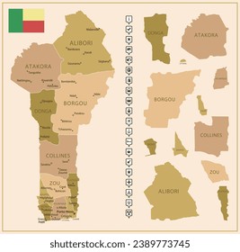 Benin - detailed map of the country in brown colors, divided into regions. Vector illustration