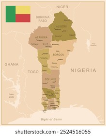 Benin - detaillierte Karte des Landes in braunen Farben, unterteilt in Regionen. Vektorgrafik